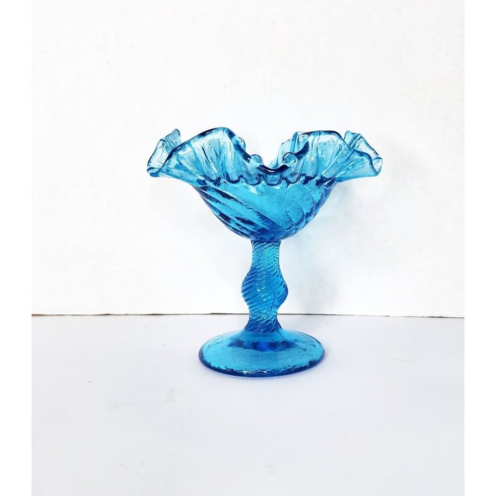 Vintage Swirled Blue Glass CANDY DISH Crimped Ruffled Edge Pedestal Twist Stem